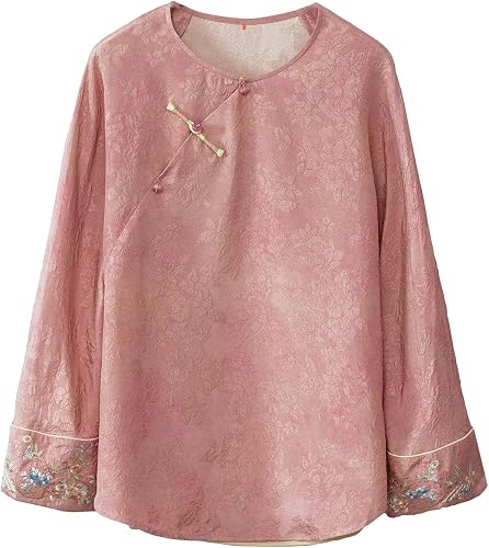 Premium Silk Blouse Women Floral Jacquard Embroidered Shirt Pink 586