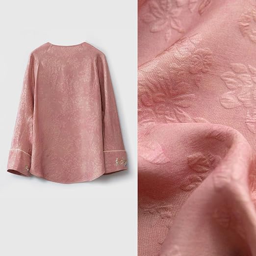 Premium Silk Blouse Women Floral Jacquard Embroidered Shirt Pink 586