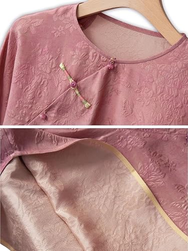 Premium Silk Blouse Women Floral Jacquard Embroidered Shirt Pink 586