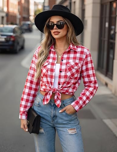 Zeagoo Womens Plaid Flannel Shirt Long Sleeve Top Casual Button Down Blouse