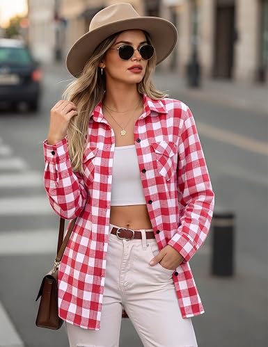 Zeagoo Womens Plaid Flannel Shirt Long Sleeve Top Casual Button Down Blouse