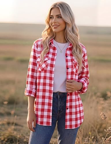 Zeagoo Womens Plaid Flannel Shirt Long Sleeve Top Casual Button Down Blouse