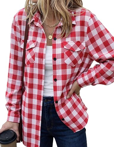 Zeagoo Womens Plaid Flannel Shirt Long Sleeve Top Casual Button Down Blouse